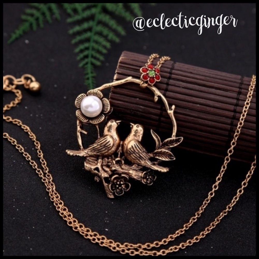 Bronze love birds with pearl 30” necklace - Picture 2 of 5